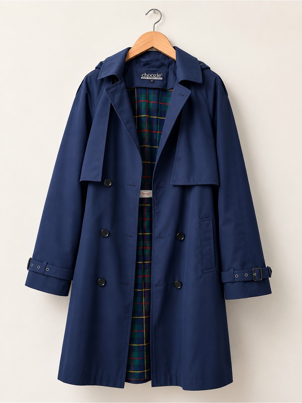 Vintage Choozie Deep Blue Double-Breasted Trench Coat with Tartan Lining